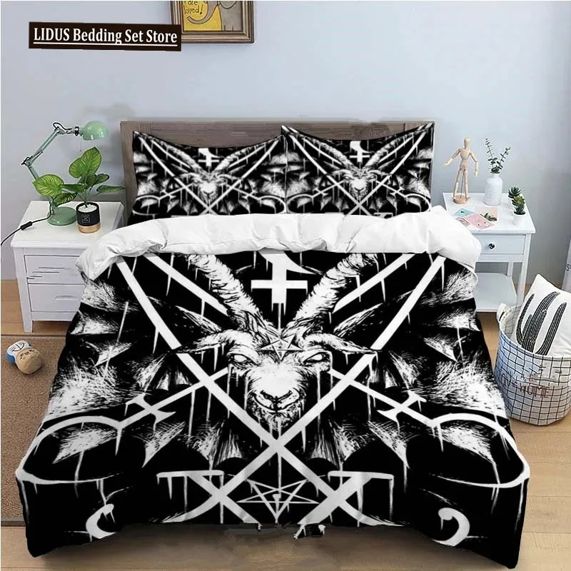 Dark Satanic Duvet Cover Satan Goat Inverted Pentagram Skull Bedding Set Full King Size Bed Bedroom Comforter Cover Set