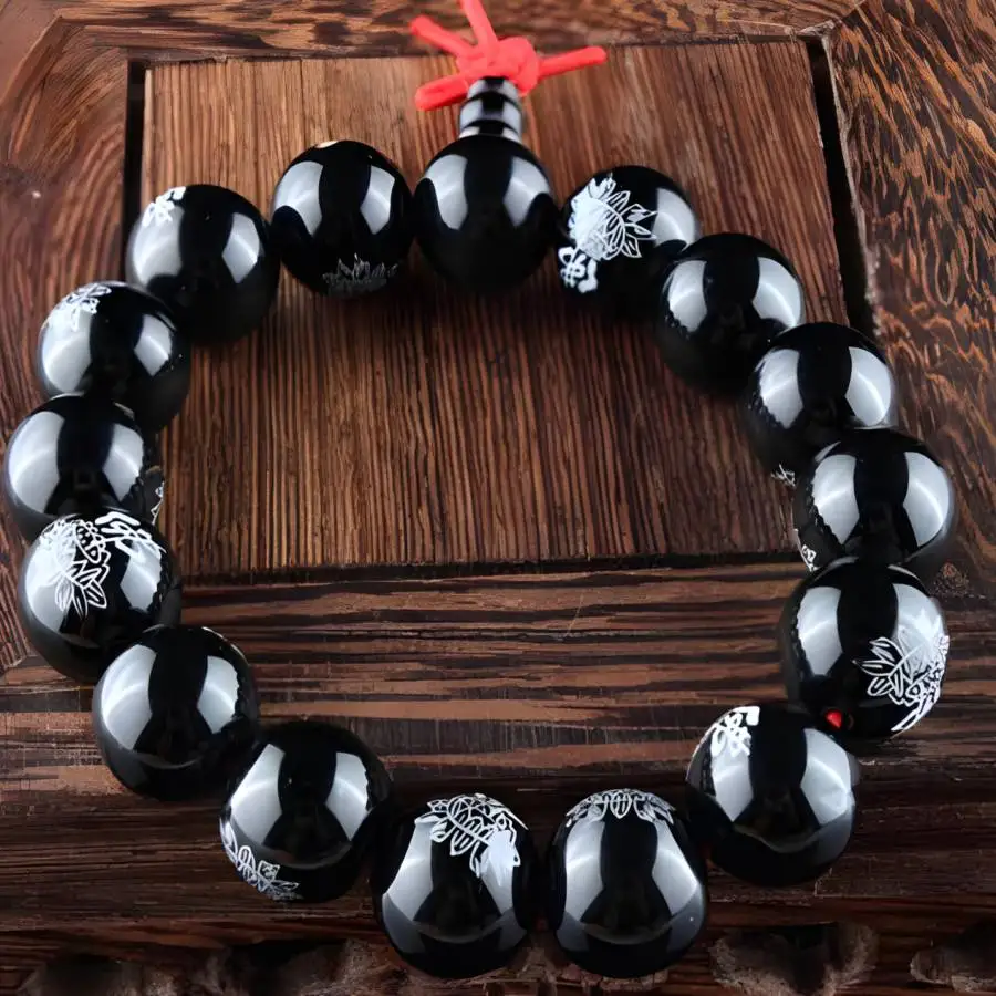 

Браслет из бусин лотоса ручной работы из черного агата, мужская пуговица-манжета, четки Рамадана, женская медитация, праздничный подарок, повседневная одежда