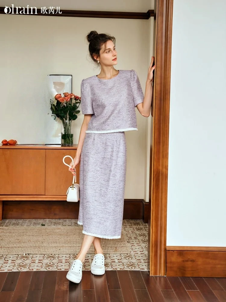 OLrain مكتب السيدات الأرجواني تويد تنورة مجموعات امرأة الصيف ملابس أنيقة 2025 سيدة قصيرة الأكمام بلايز شق ميدي تنورة O24XE91215 #1