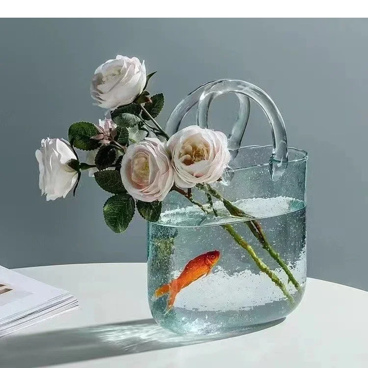 Transparent Glass Handbag Vase Flower Arrangement Hydroponic Fish Culture Container Home Aesthetic Decoration