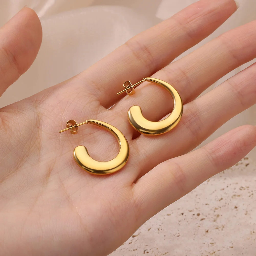 Gold Color Round Stud Earrings for Women Classic Stainless Steel Earrings 2024 Trend Femme Aesthetic Arc Piercing Ear Jewelry