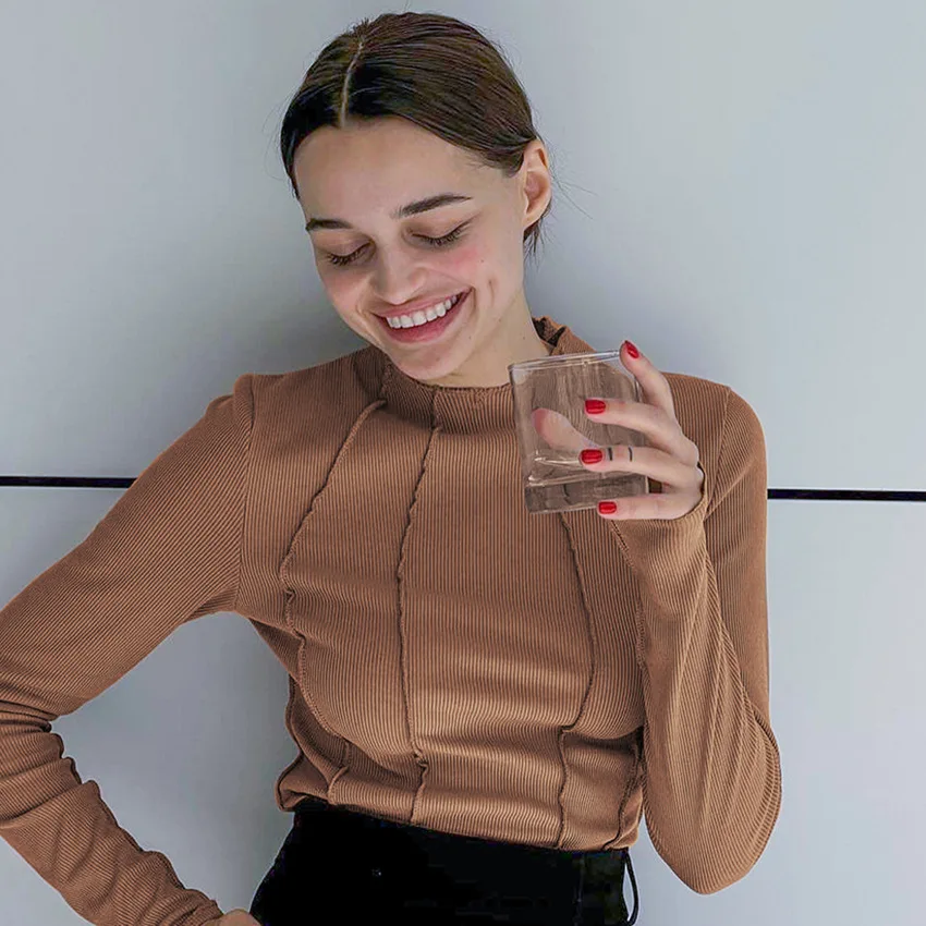 Soolasea Long Sleeve T-shirts Women Spring Solid O-Neck Elegant Bright Line Decoration Tees Slim Casual Soft High Quality Tops