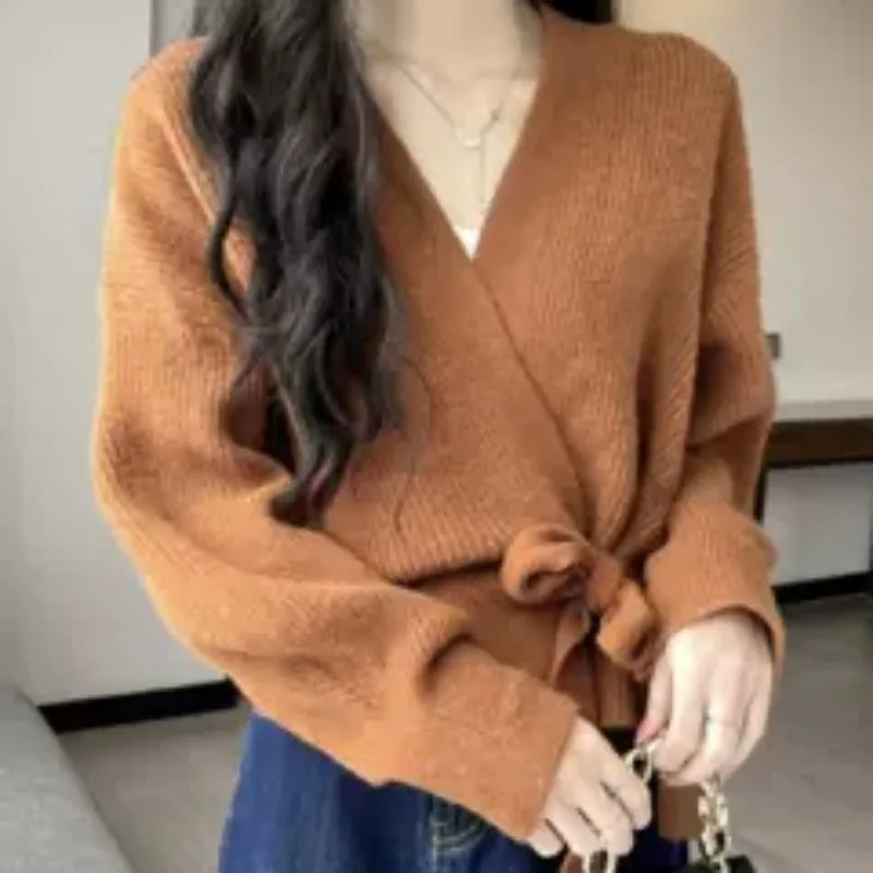 Matakawa Bandage Short Cardigans Autumn Winter V Neck Lantern Sleeve Solid Women Sweaters Korean Fashion Loose Sueteres Mujer