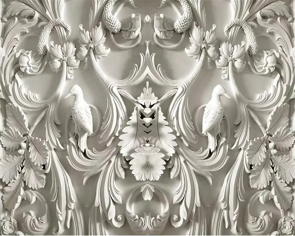 

Customized Size 3d Wallpaper White Simple Relief Gypsum Flower and Bird Pattern Mural Home Decoration 3D Hanging Painting
