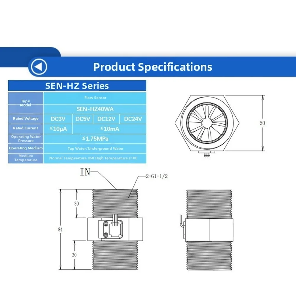 304 Stainless Steel Water Flow Sensor with Hall Effect Technology for Heat Pump Circulation 9-150 L/min Pressure 1.75 MPa