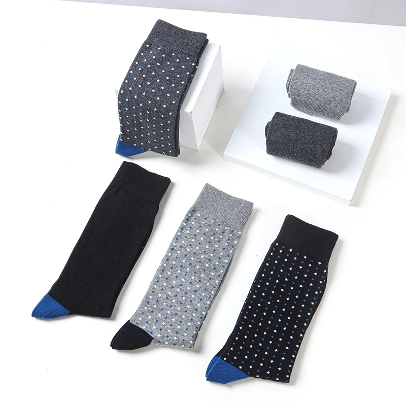 6 Pairs Men Dress Socks High Quality Cotton Business Casual Soft Brand Fashion Design Blue Dots Pattern Plus Size Long Male Sock