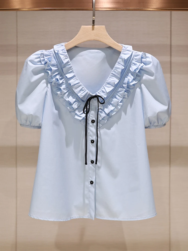 

Blue Casual ort irt Women's Faion Knot Wooden V-ne T-irt Breathable Comfortable Summer Design Sense