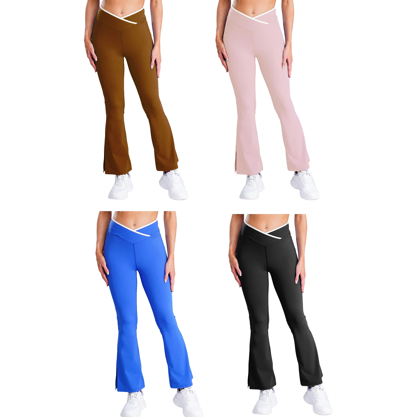 Women Stretchy Yoga Workout Flared Pants V-Front Elastic Waistband Sides Split Bell-Bottom Leggings for Workout Fitness Sports