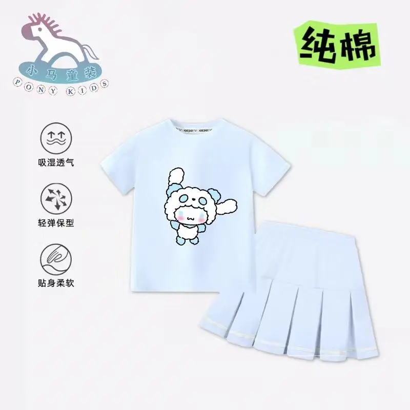 Kids Pleated Skirt Suit Kawaii Cinnamoroll Cotton Short Sleeve Student Preppy Style Uniforms Suit Girl Princess Style Skirt Gift