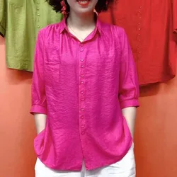 Blusa holgada de media manga para mujer, camisa con cuello cuadrado y botonadura simple, informal, a la moda, Color liso, novedad de verano