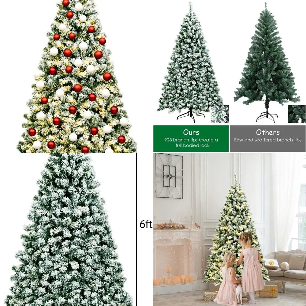 

Hinged 6FT Snow-Flocked Artificial Christmas Pine Tree with Metal Stand and Flexible Branches for Festive Decor
