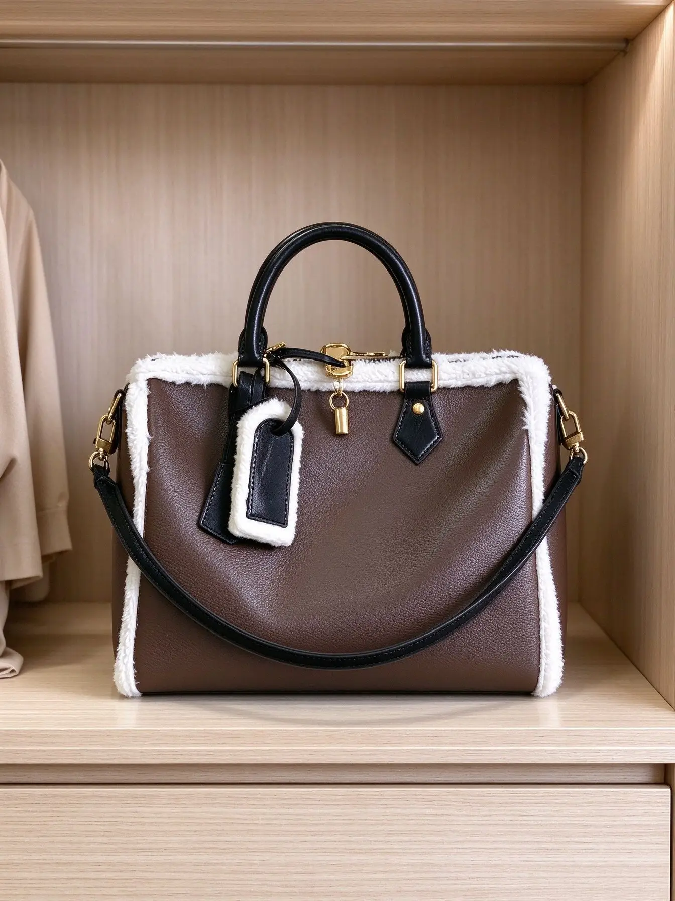 Women Winter Fleece Trim Boston Handbag PU Leather Large Capacity Top Handle Bag Lock Decor Removable Shoulder Strap Ladies Crossbody Purse
