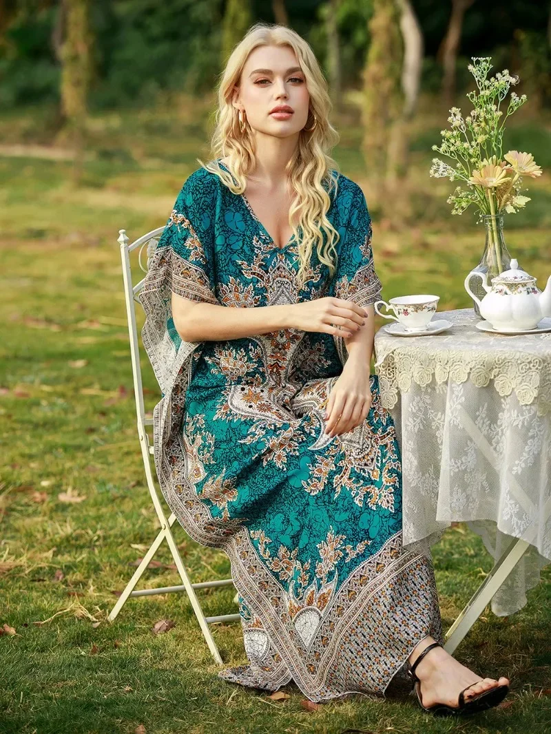 Dresses For Women 2025 Casual Long Kaftan Kimono Style Drawstring Gown Bohemian Sexy Nightdress Beach Kaftan Casual Ropa Mujer