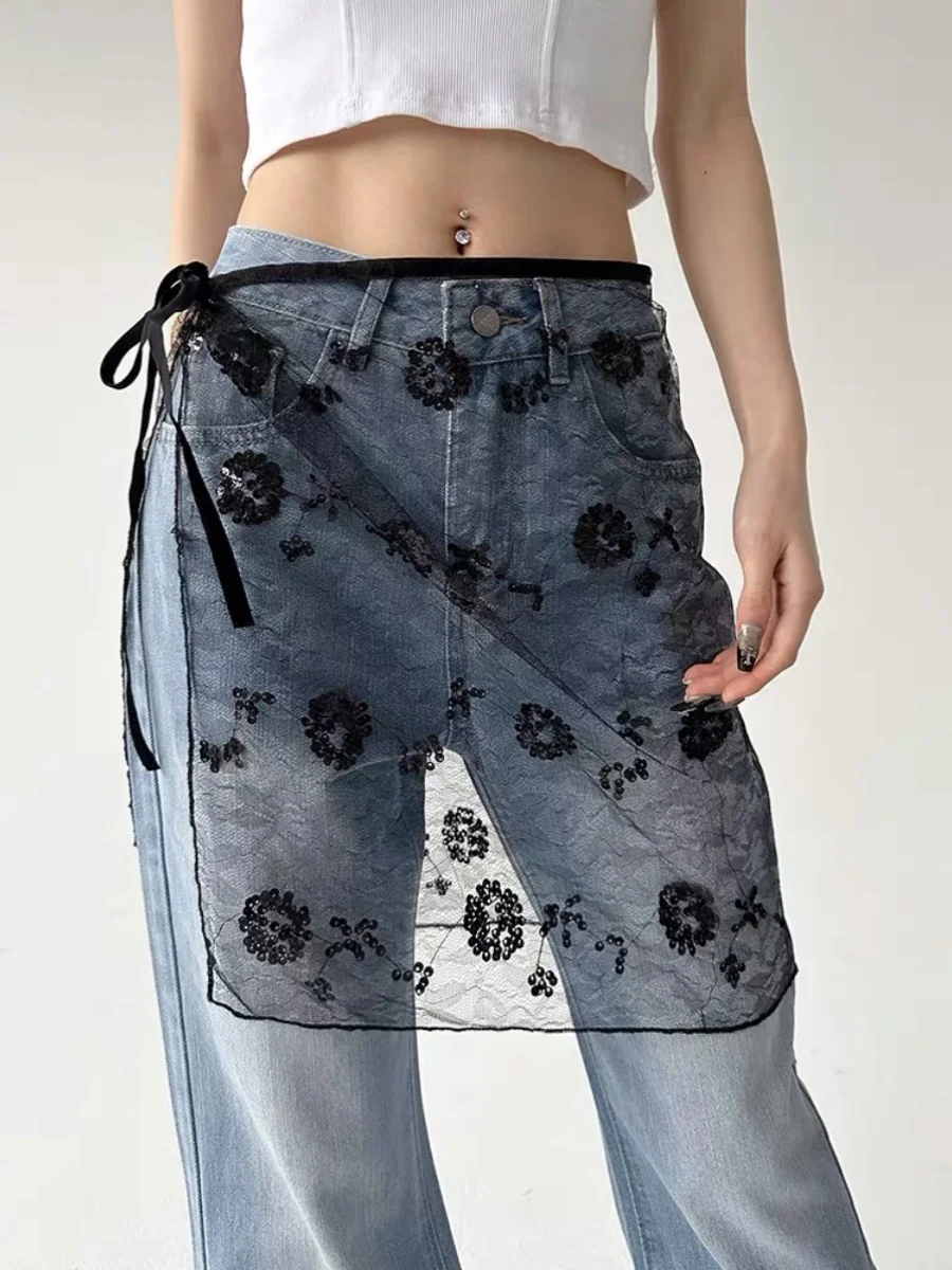 

Корейская юбка-трапеция из кружева с пайетками и цветочным узором, короткая, с поясом, для женщин