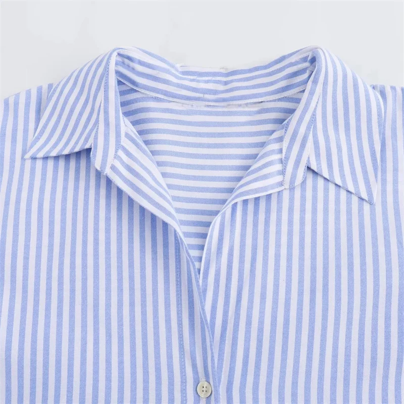 TRAF Oxford White Shirt Woman Asymmetric Blue Striped Long Sleeve Blouses For Women 2024 Casual Basic Shirts Woman Summer Top