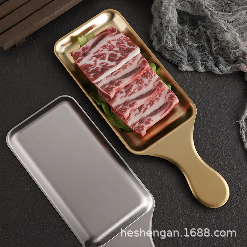 

SStainless steel rectangular plate, western-style steak plate, golden flat-bottomed barbecue plate, tray snack plate,