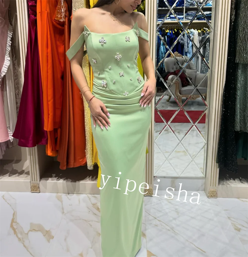 Jiayigong  Satin Rhinestone Pleat Prom Sheath Off-the-shoulder Bespoke Occasion Gown Midi Dresses Saudi Arabia