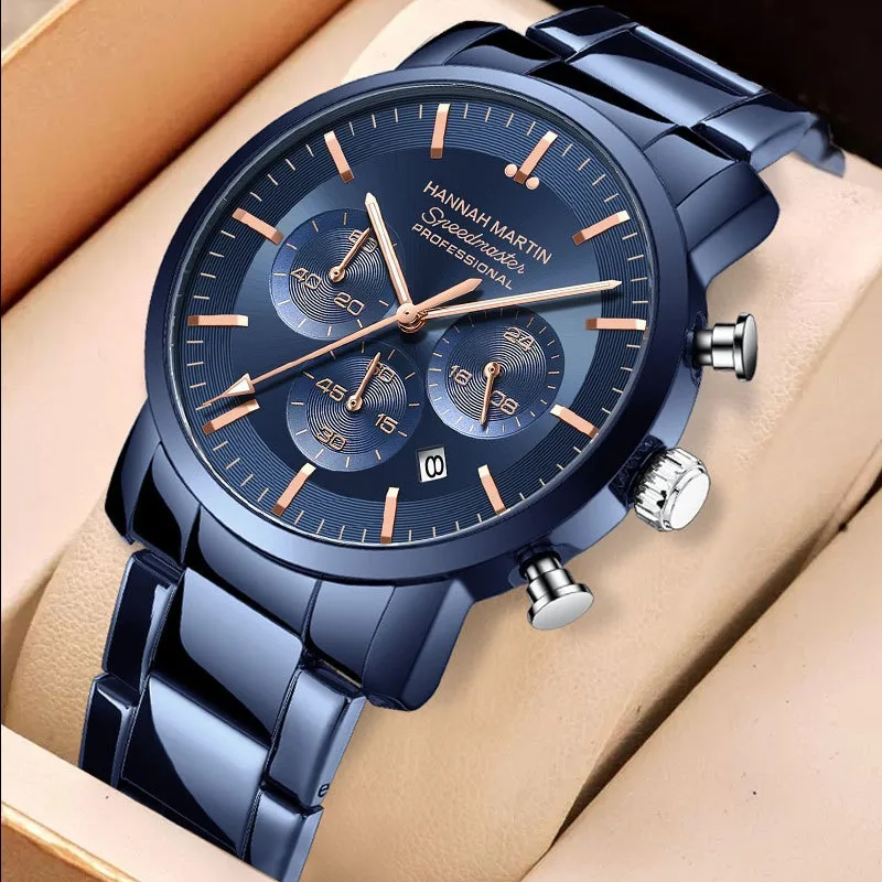 

HANNAH MARTIN Luxury Watch 113G Fashion Quartz Men's Watch Waterproof Calendar Chronograph Quartz Steel Strip Watches for Men
