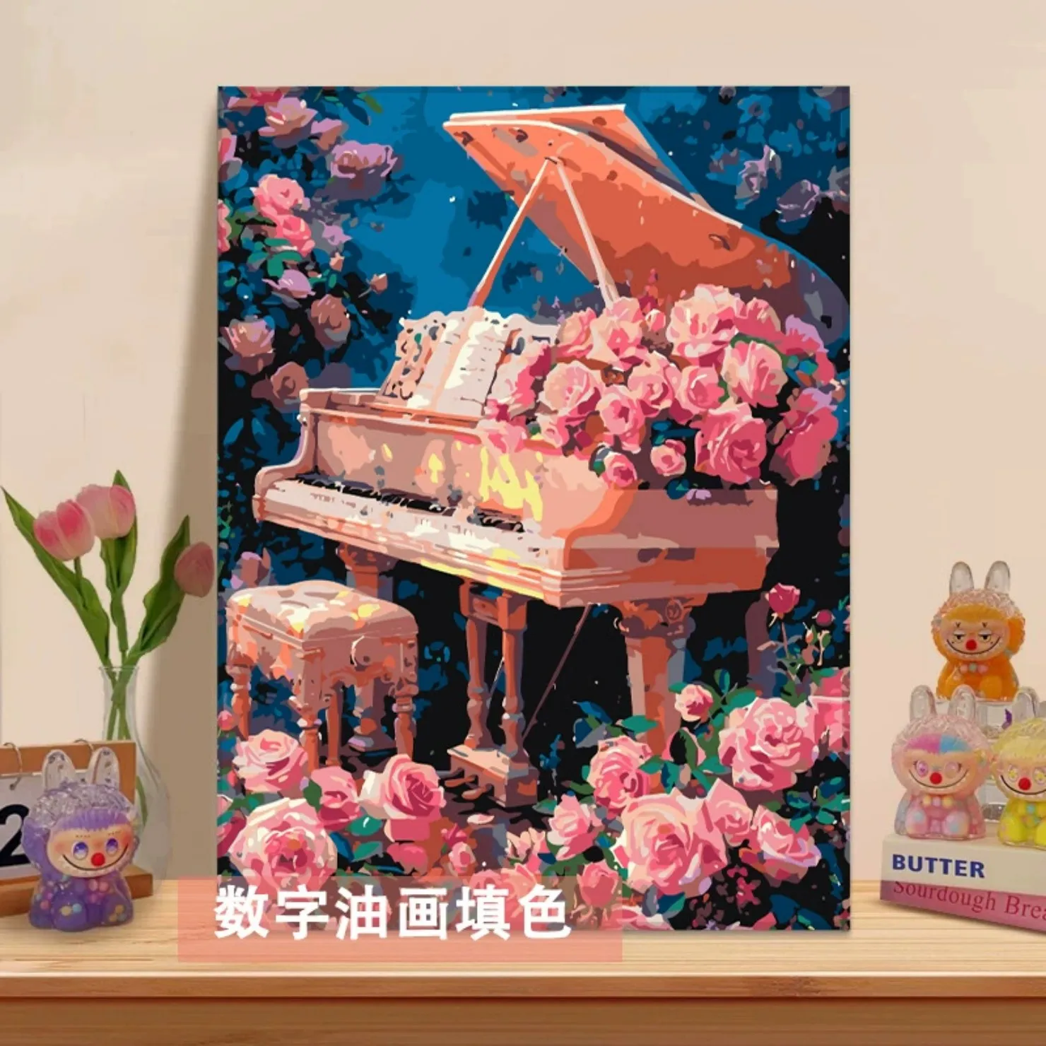 300061-Pink Grand Piano Surrounded by Roses DIY Paint by Numbers