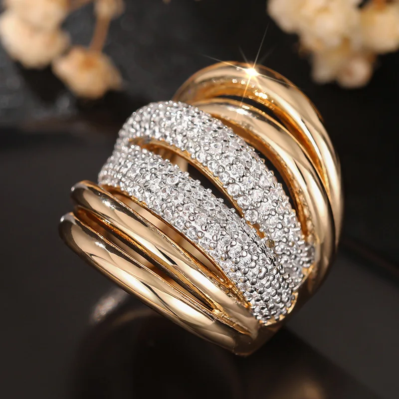 Jianjie Creative Geometry Shining Cubic Zirconia Rings for Women Gold Tone Luxury Dance Party Daily Wear Wide Ring Jewelry