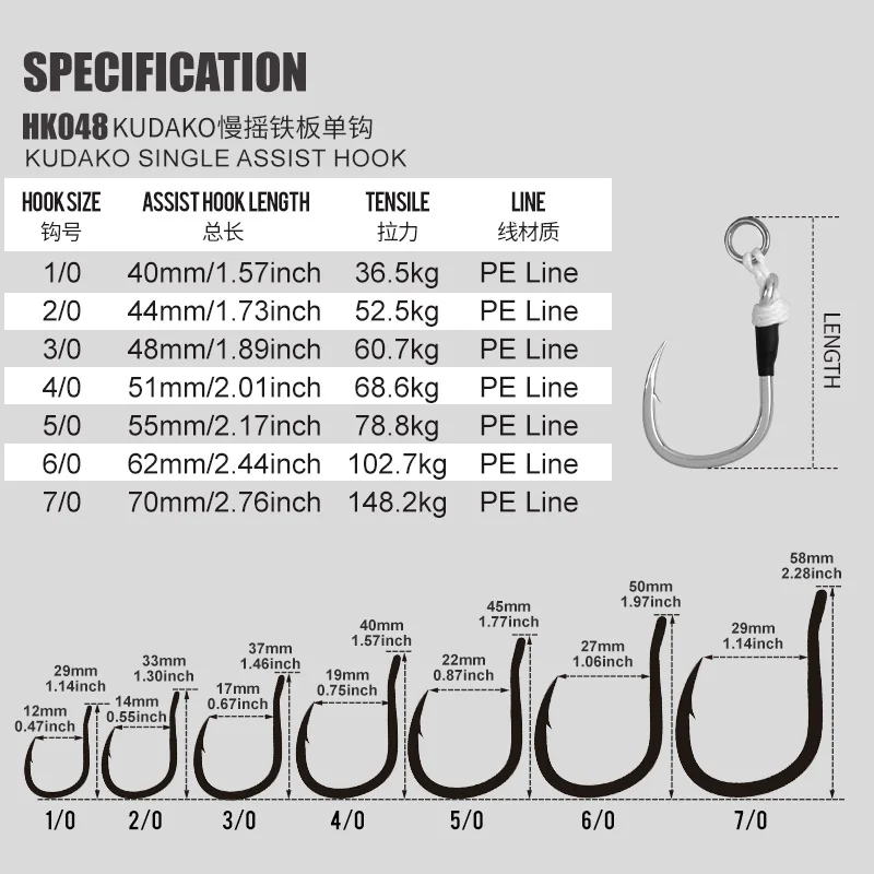 TEASER HK048 KUDAKO Slow Jigging Single Assist Hook 1/0-7/0 Super Sharp Flat Forged Hook White PE Braided Line Jig Fishing Hook