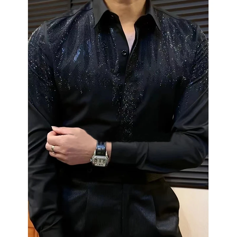 Camisa de manga larga de alta calidad para Hombre, Camisa informal ajustada con diamantes, blusa de lujo para fiesta Social, Primavera