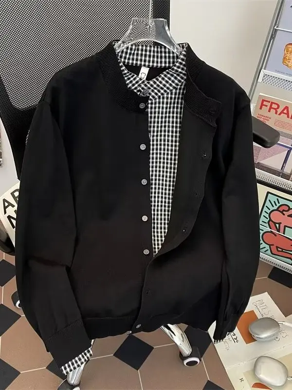 

Повседневный свободный длинный вязаный кардиган све irt в клетку, искусственный двухсекционный весенне-осенний мужской круглый кардиган из полиэфирного волокна Ne...