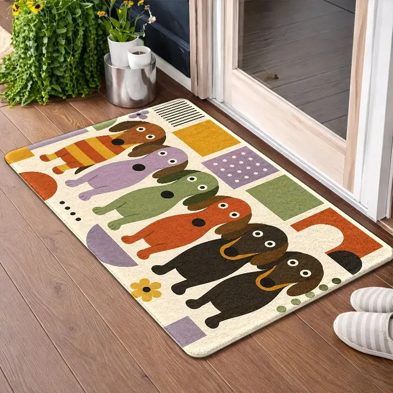VIKAMA Pop‑Art Colorful Dachshund Doormat 2D Print Non‑Slip Cute Dog Geometric Entrance Floor Mat For Indoor Home Decor