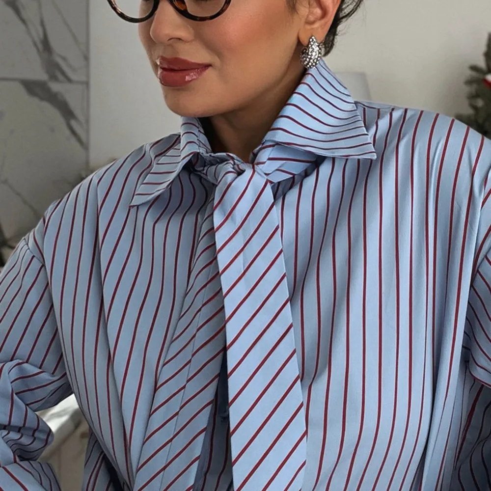 Fashion Chic Striped Loose Blouse Women 2026 Lapel Long Sleeve Single Breasted Ribbon Shirts Streetwear Female Casual Clothes view 3