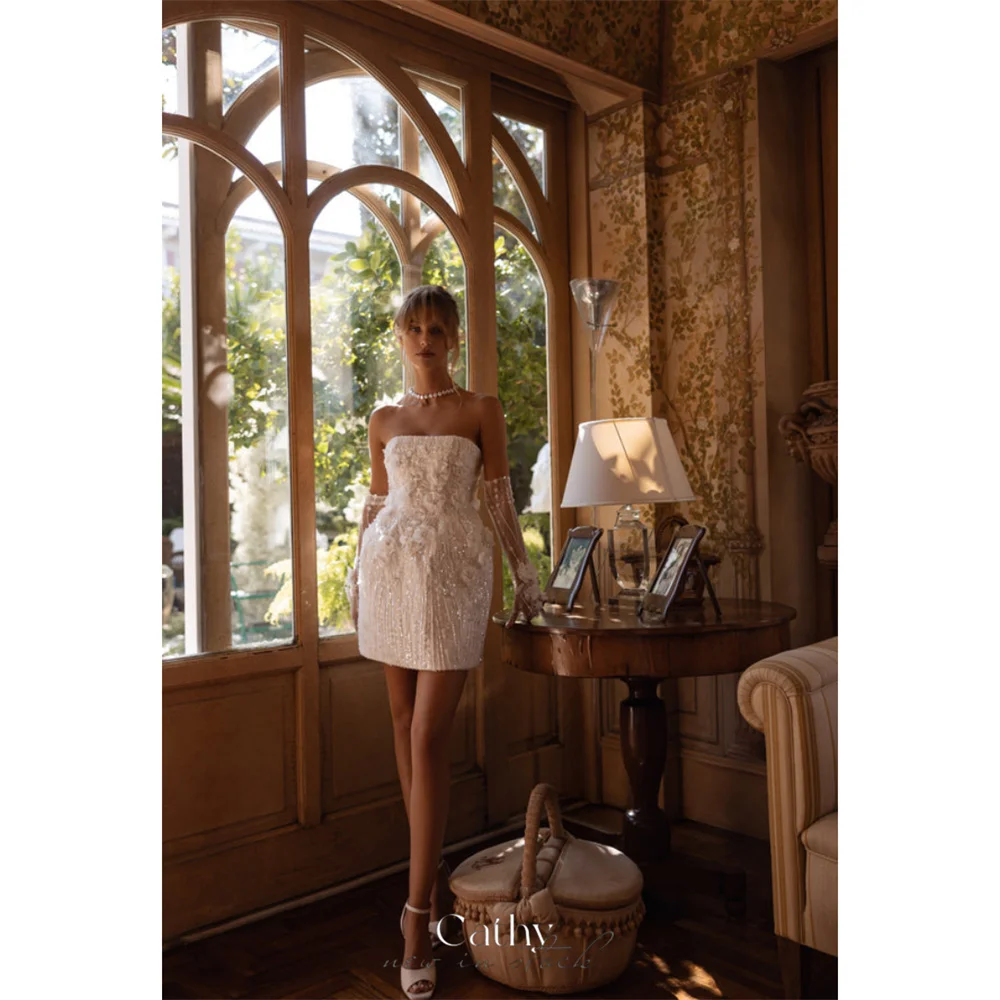 

Cathy Индивидуальные мини-свадебные платья без бретелек с бисером и аппликацией-футляром, платья de noiva со съемными рукавами, торжественный вечер 2025