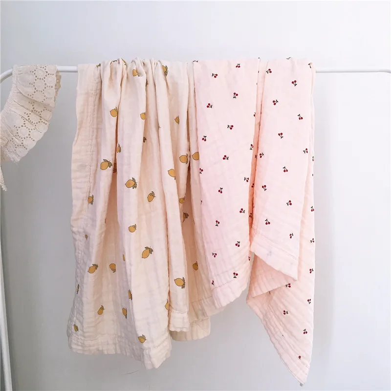 Cherry Lemon Floral Printed Cotton Muslin Newborn Baby Swaddle Blanket 4-Layer Gauze Infant Wrap Bedding Blankets Quilt Cover