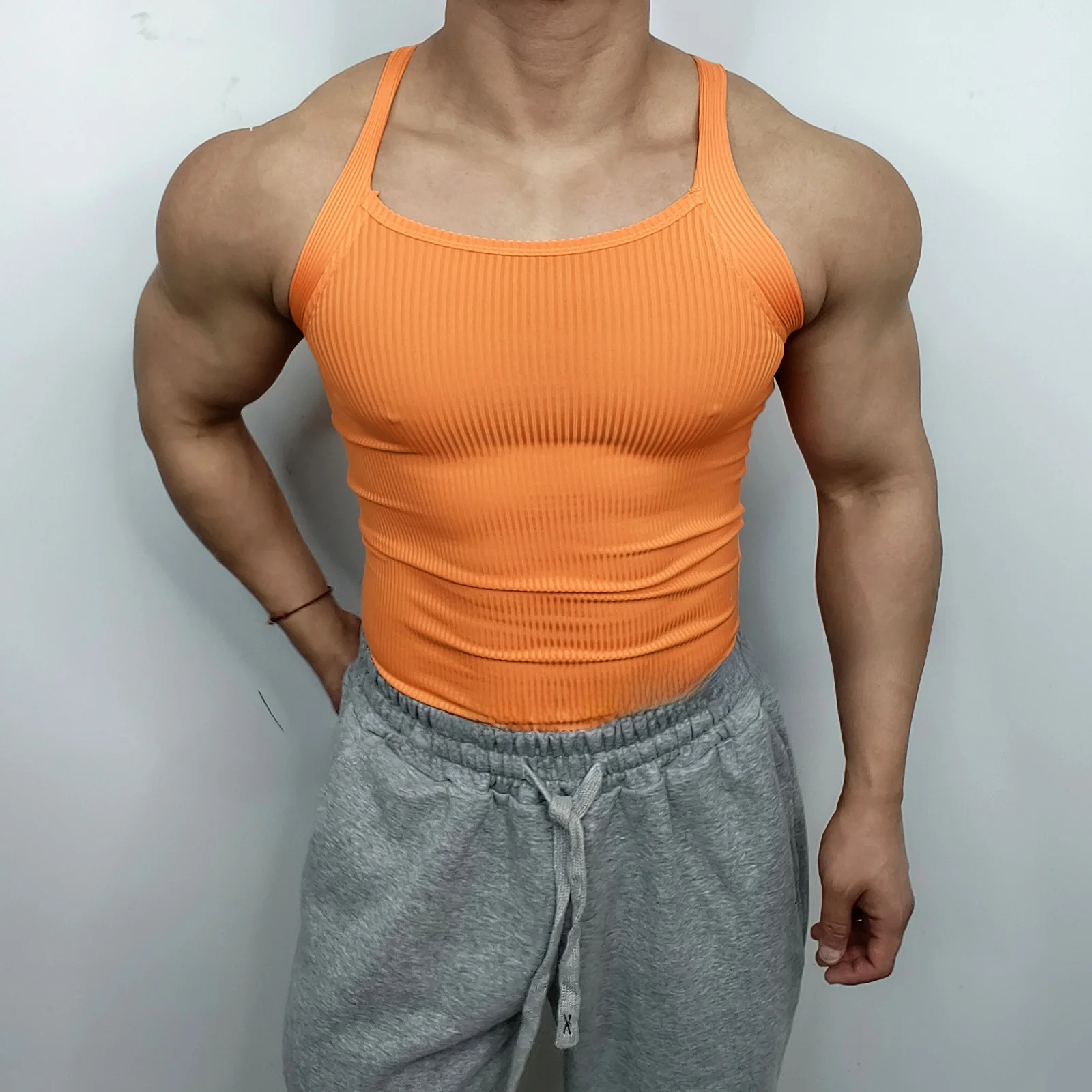 Men's Outdoor Running Sport T-Shirt Fitness Threaded Vest Color Casual Compression Sleeveless Training Top