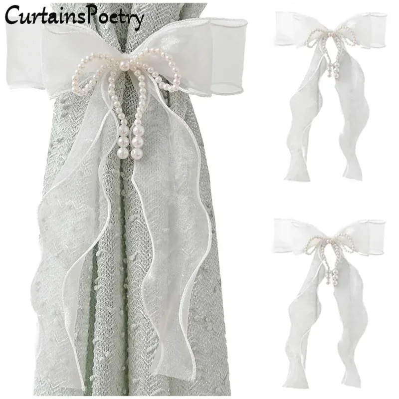 

2 Pcs Bowknot Curtain Tiebacks Butterfly Curtain Ties with Pearl Sweet Bow Curtain Holdbacks Buckle for Wedding Party Home Decor
