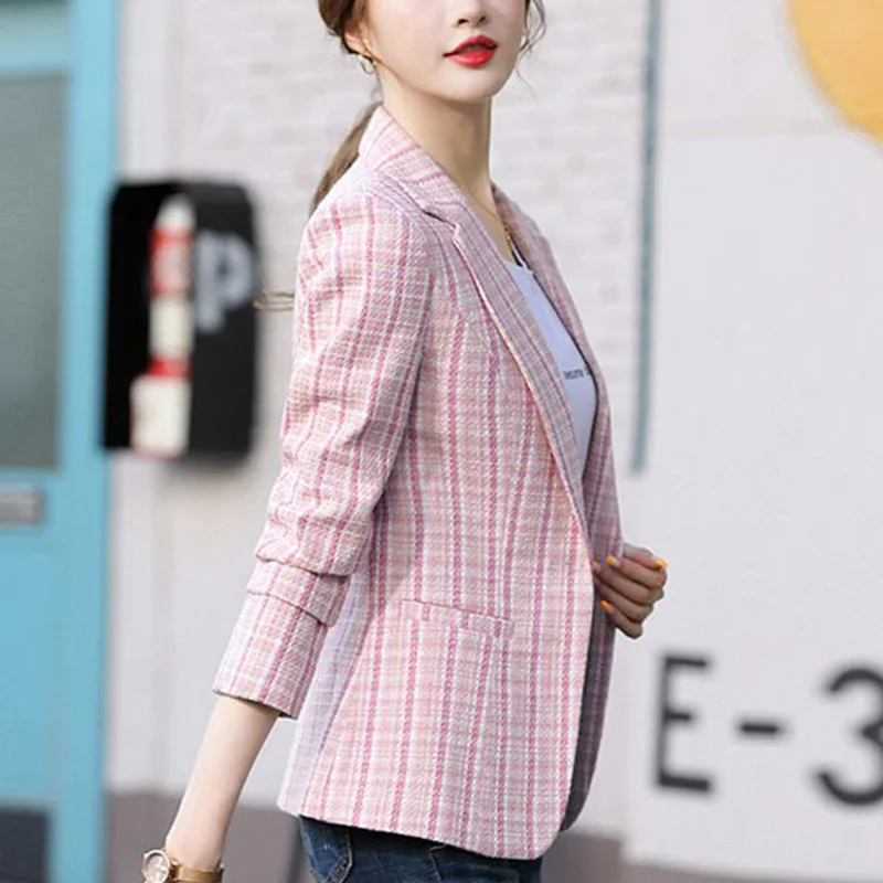 Fashion Loose Button Spliced Pockets Lattice Blazer Women\'s Clothing 2023 Autumn New Oversized Casual Tops Office Lady Blazers