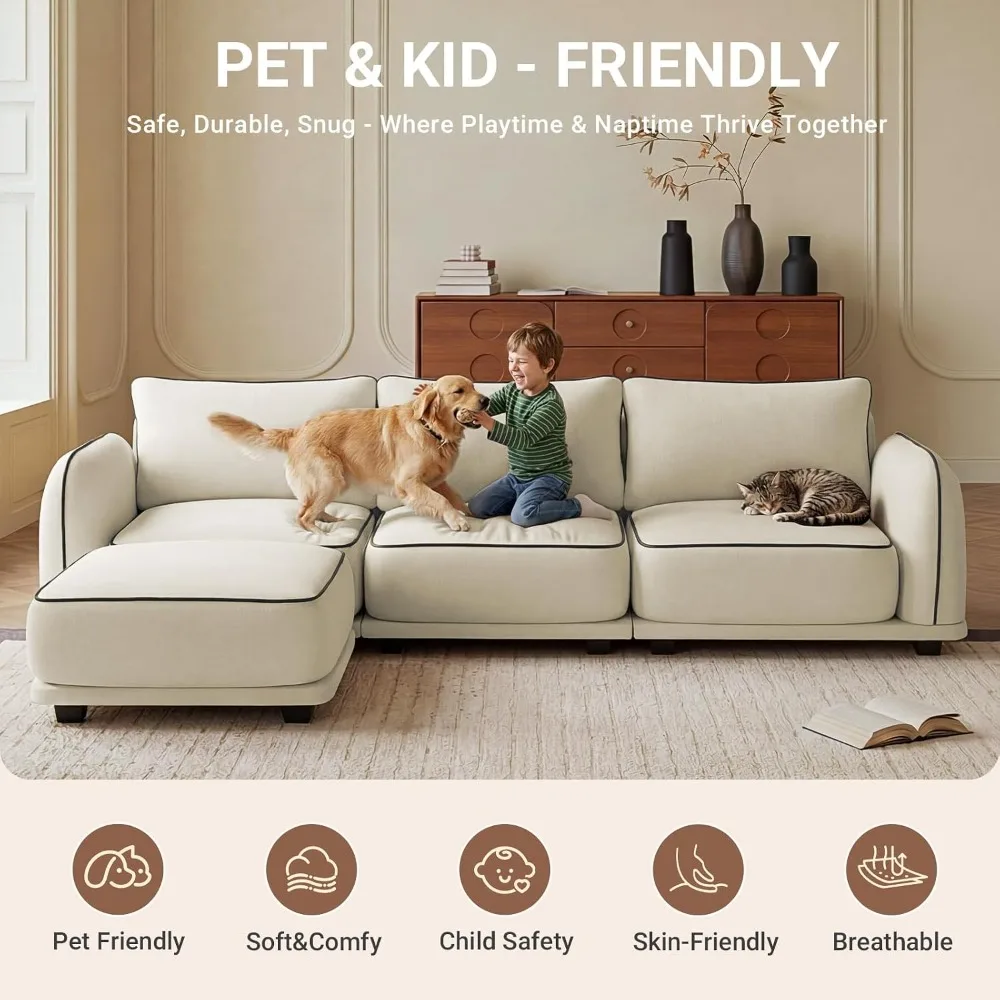 104 Inch L Shaped Modular Sectional Sofa, 4 Seater Modern Cloud Chenille Comfy Couch with Movable Ottoman, Customized