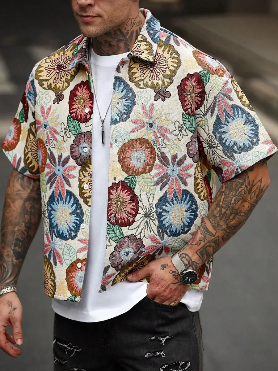 

Men's Loose Short Sleeve Button-Up Shirt with Colorful Floral Print, Casual Beach & Festival Wear