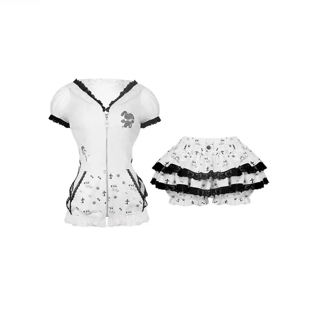 Sweet Lolita Skirt Set Women Bunny Ear Hooded Zip Coat Kawaii Print Lace Pantskirt Gothic Y2k Two Piece Sets Womens Outifits