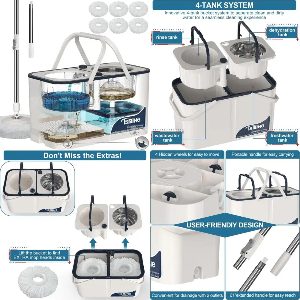

Large Capacity 4-Chamber Spin Mop Bucket System Separates Dirty and Clean Water for Optimal Household Cleaning Efficiency