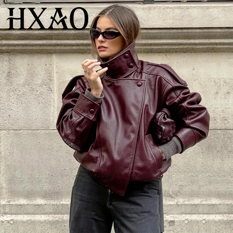 HXAO Women's Faux Leather Jacket Cropped Long Sleeve Oversize Bomber Jackets Red Brown Black Zip-Up Coats Demi-Season Outerwear