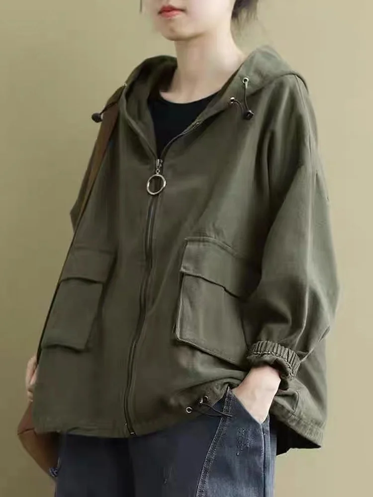 

Faionable Casual Women's Spring Autumn Jaet plus Size Slimming Hooded Windbreaker Commute Sle Loose Fit Long Sve Zipper