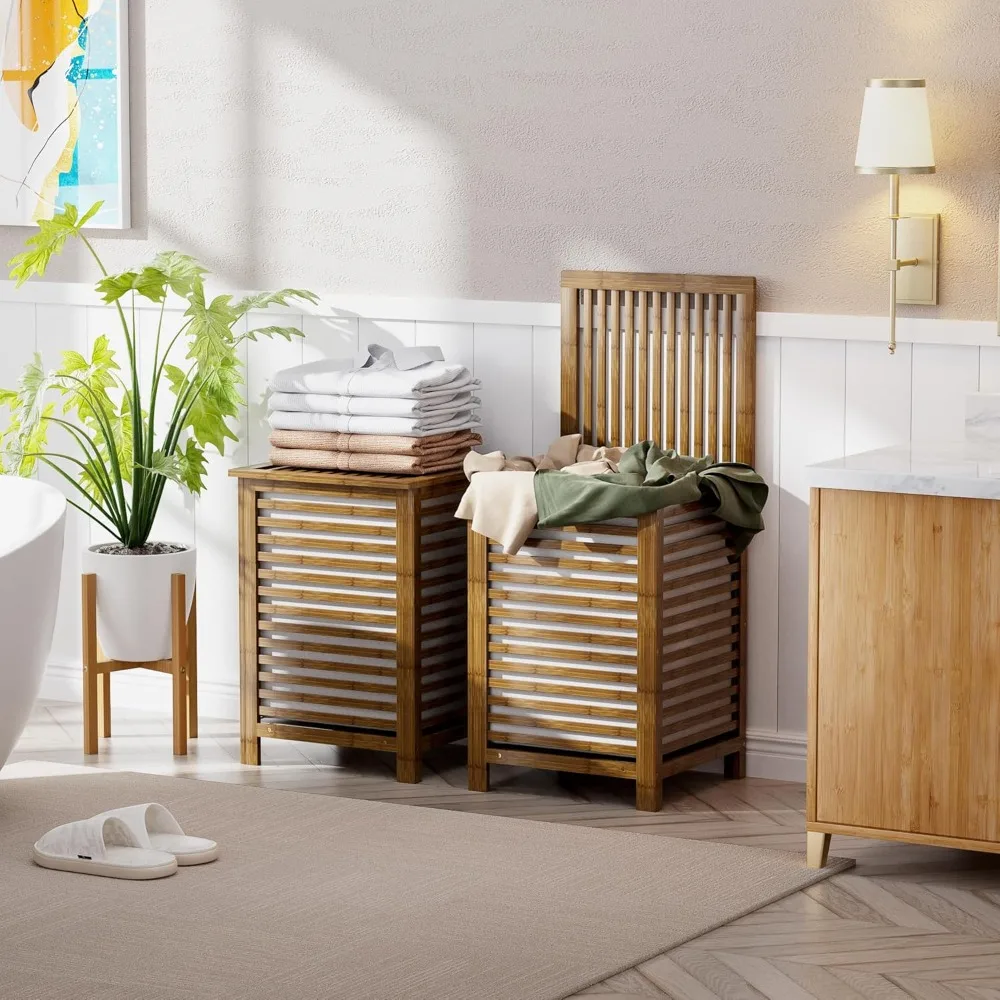 

Двойная корзина для белья объемом 120 л с крышкой, 2-секционный бамбуковый сортировщик одежды для дома, общежития и организации ванной комнаты