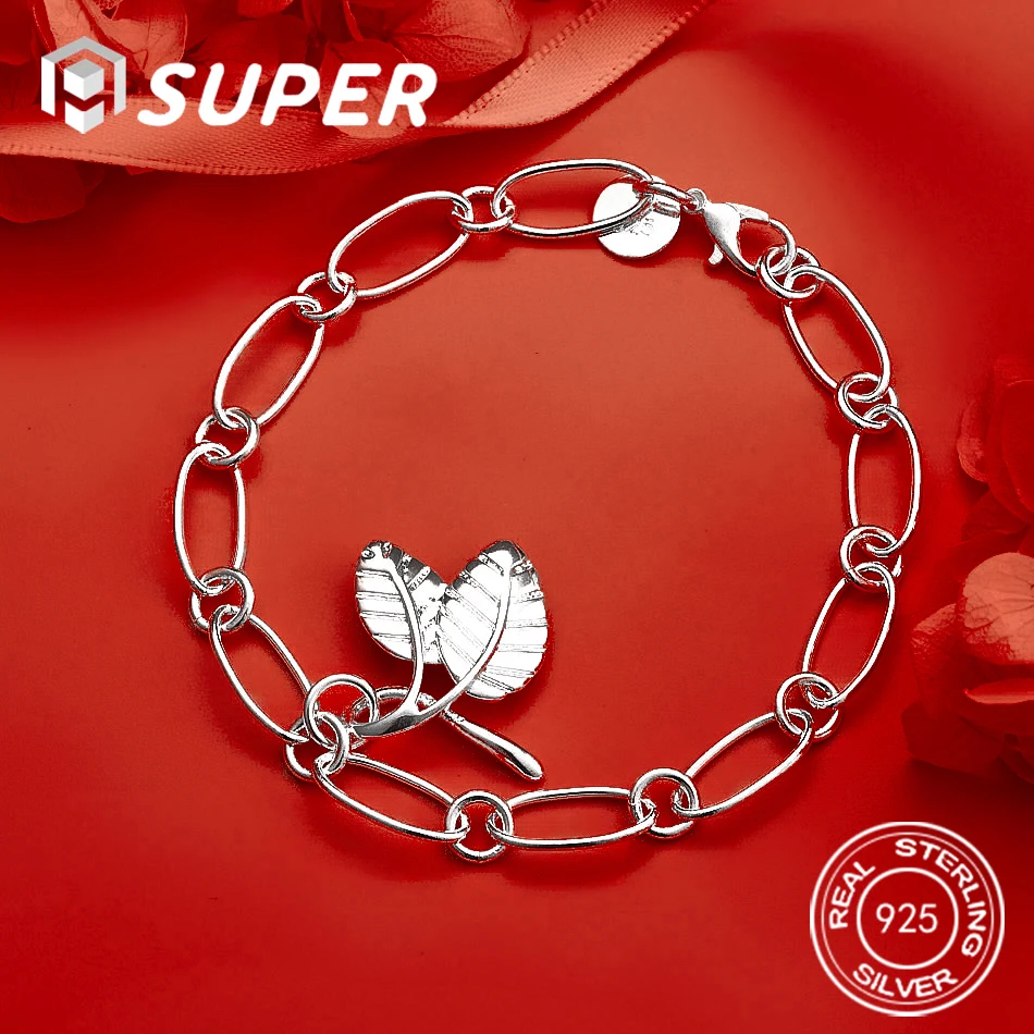 

ALISuper 925 Sterling Silver 8 Inch Delicate Leaf Bracelet Women's Fashion Wedding Accessory