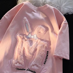 Cotton Flocking Rabbit Ear Short Sleeve T-shirt Women's New Summer Versatile Top Pink Cute Flocked T-shirt Kawaii Clothes Women
