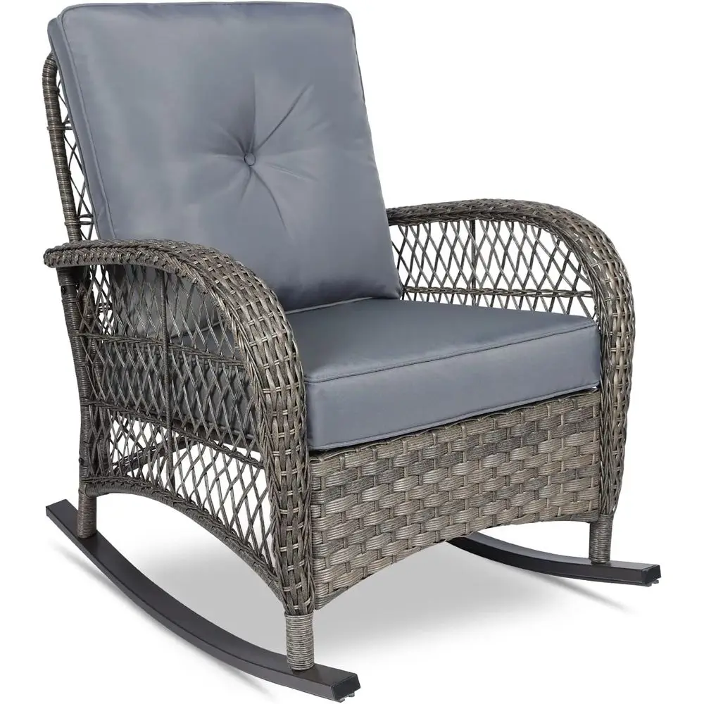 

All-Weather Outdoor Wicker Rocking Chair with Cushions for Patio, Garden, or Porch (Grey)