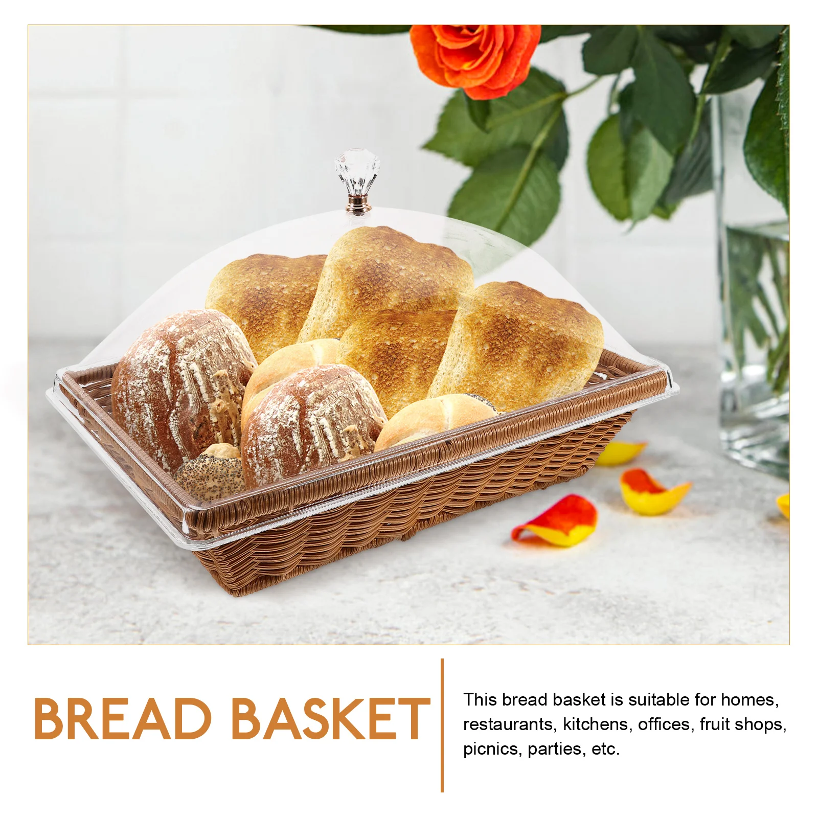 

Food Fresh-keeping Basket Acrylic Cover Woven Bread Holder Small Brown Square Kitchen Party Fruit Snack Storage Display
