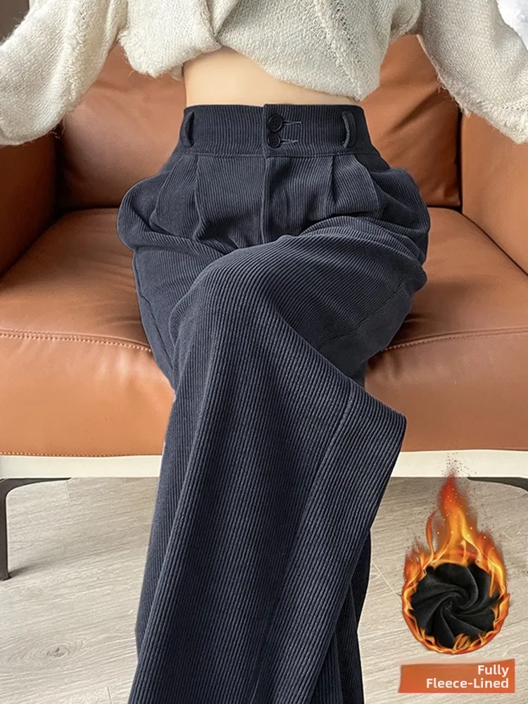 

High Waist Wide Leg Pants Women's Winter Fleece Lined Slim Straight Casual Long Trousers Draping Style Elegant Slimming