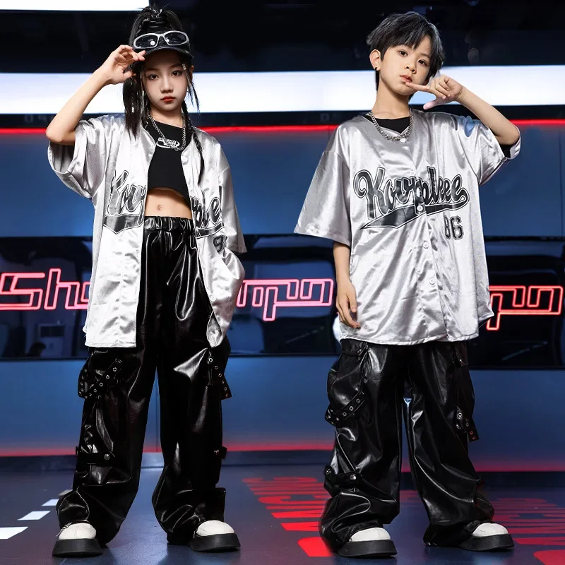 vetements-de-danse-hip-hop-jazz-pour-enfants-chemise-de-baseball-a-manches-courtes-ensembles-de-pantalons-cargo-en-cuir-olympiques-pour-enfants-mode-garcon-et-fille