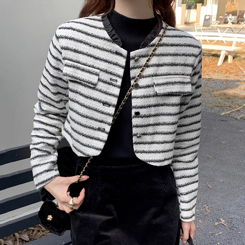 

Autumn Winter Temperament Fragrant Style Lace Standing Neck Loose Long Sleeve Stripe Short Coat Women's Casual Jackets