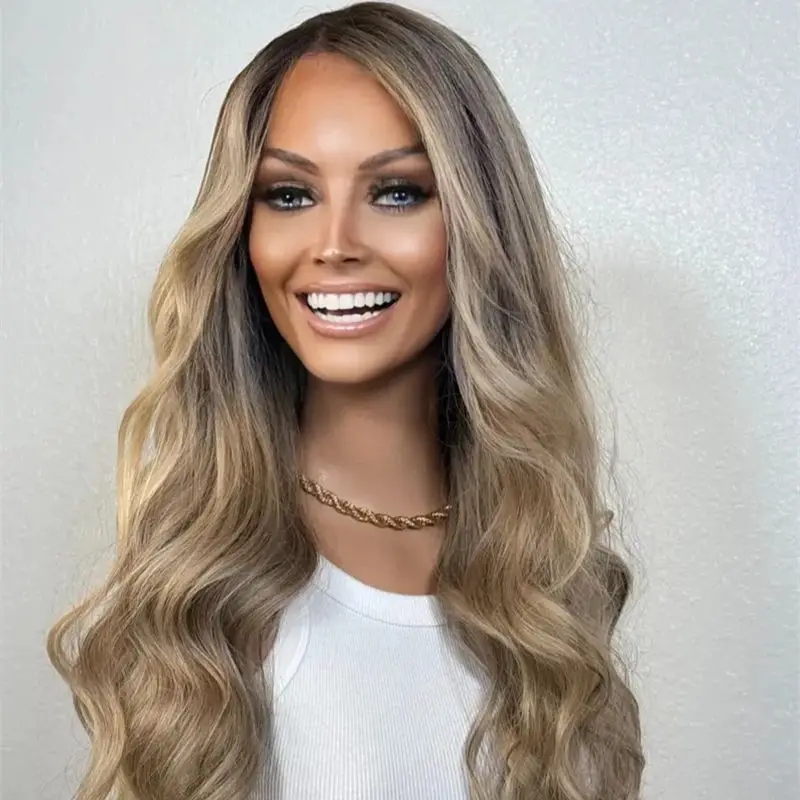 

High Density Ombre Blonde Brown Body Wave Heat Safe Lace Front Synthetic Wig Natural Looking Middle Part Hairline Front Lace Wig