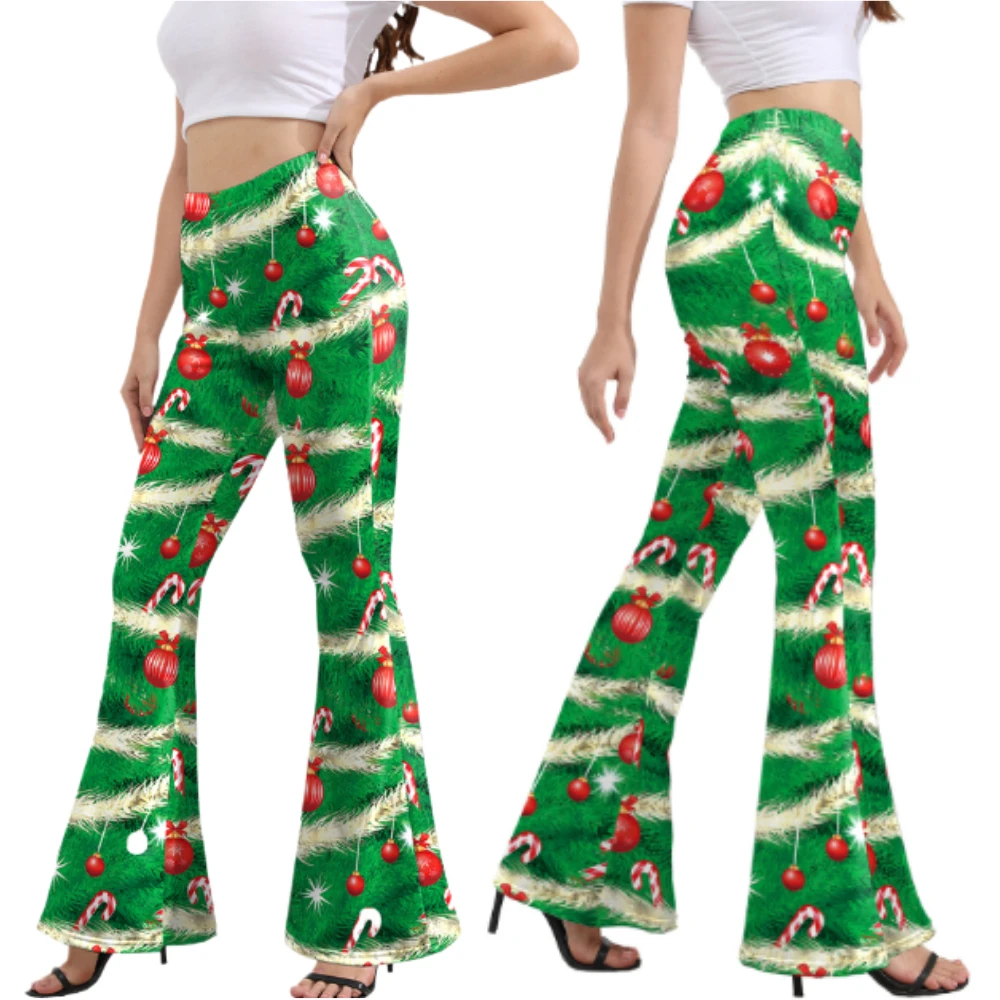 Christmas Candy Green Printed Pants Cosplay Costume Bell Bottom Trousers for Women Halloween Carnival Party Clothes Role Play